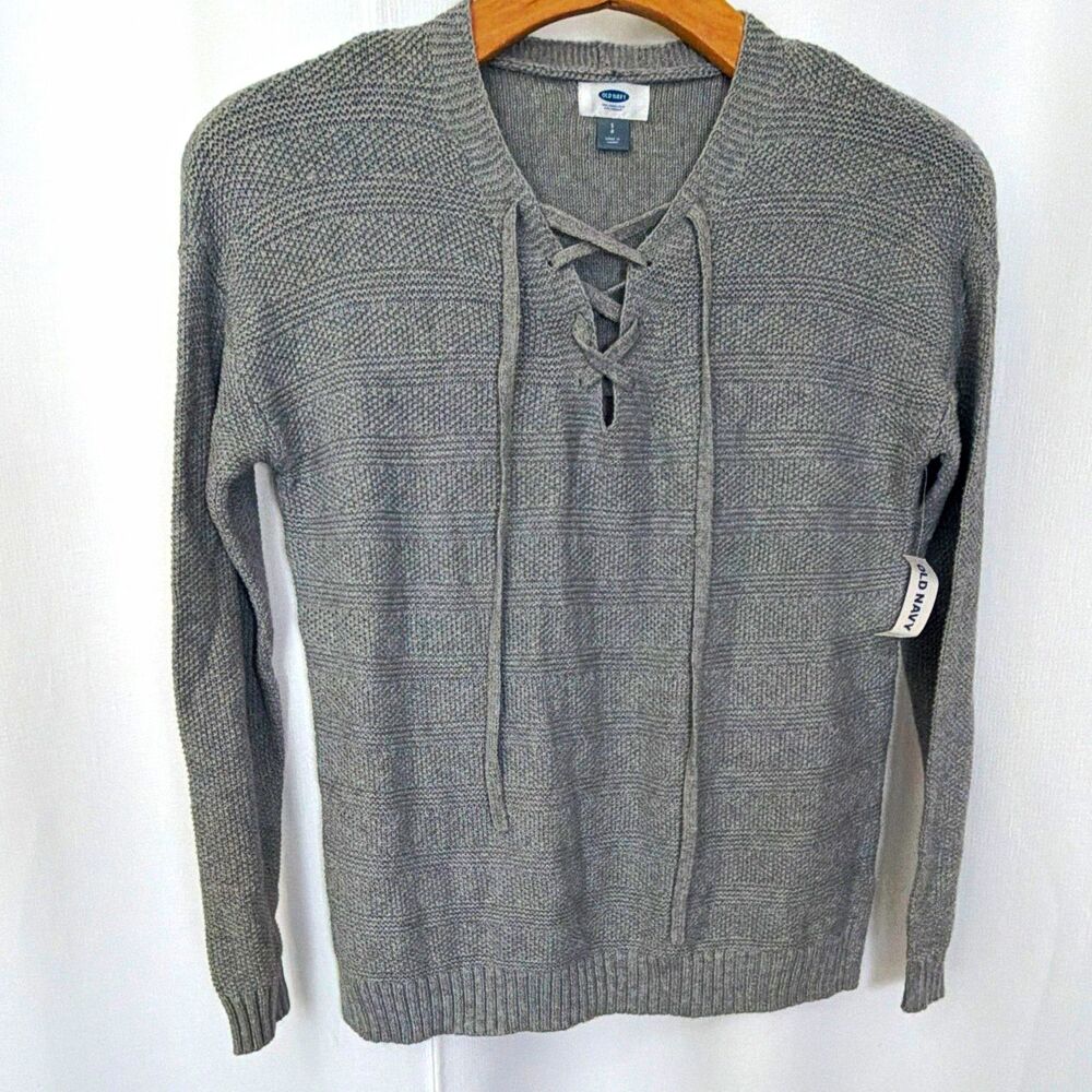 Old Navy Women’s S Gray Knit Lace-Up V-Neck Pullover Sweater Long Sleeve